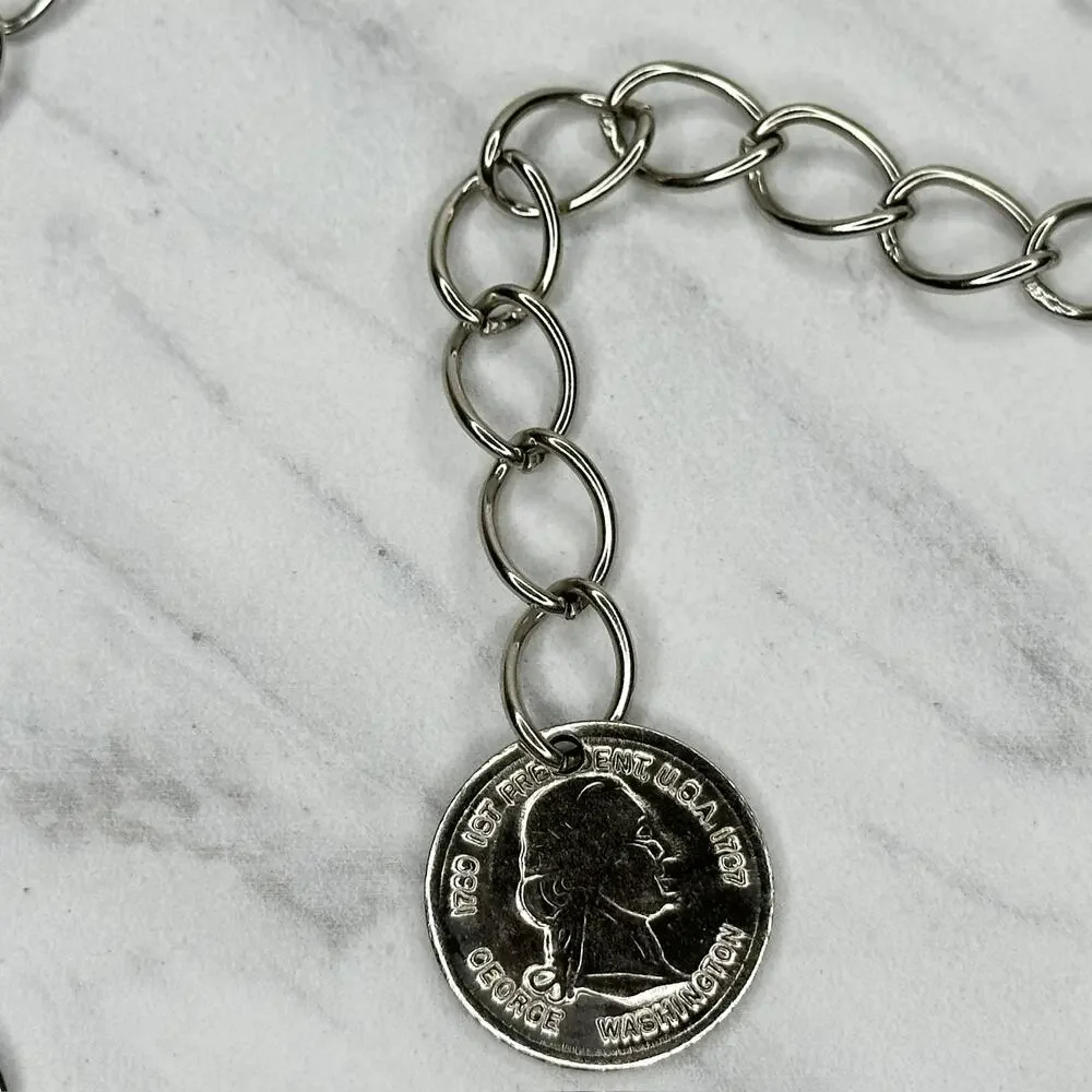 George Washington Coin Charm Silver Tone Metal Chain Link Belt One Size (OS) ✨
